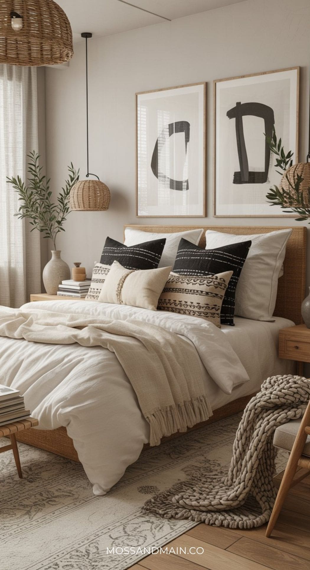 A cozy, modern stylish bedroom with a neutral color palette, woven textures, patterned pillows, two abstract framed prints above the bed, potted plants, and natural light streaming through sheer curtains.
