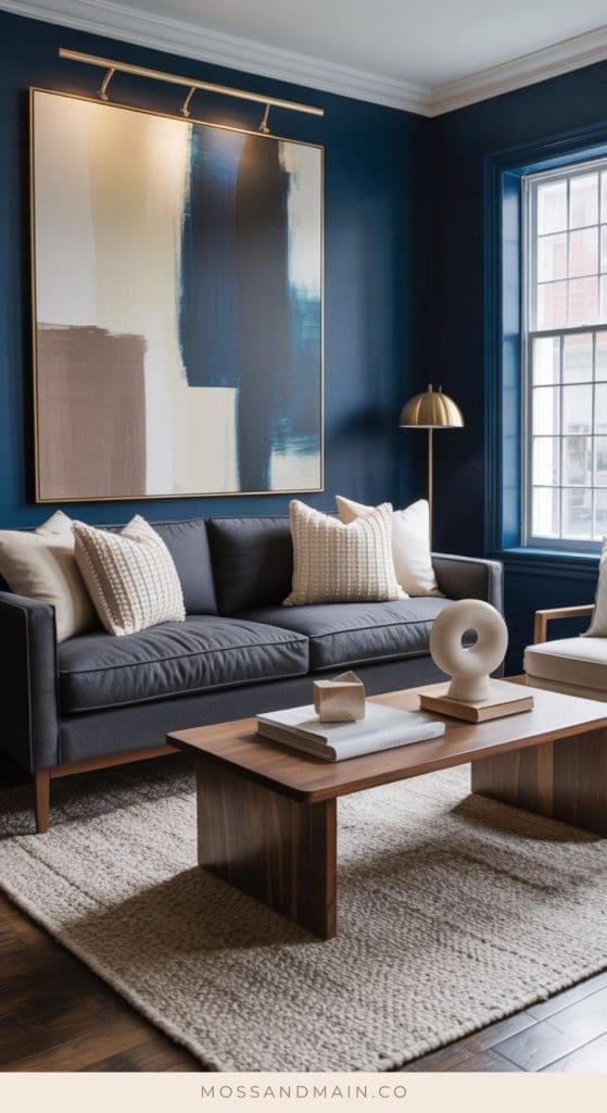 A modern living room with a charcoal couch, neutral cushions, wooden coffee table, beige rug, abstract wall art, gold floor lamp, and large window with blue walls. The decor is cozy, minimal, and contemporary—perfect for fresh living room ideas.
