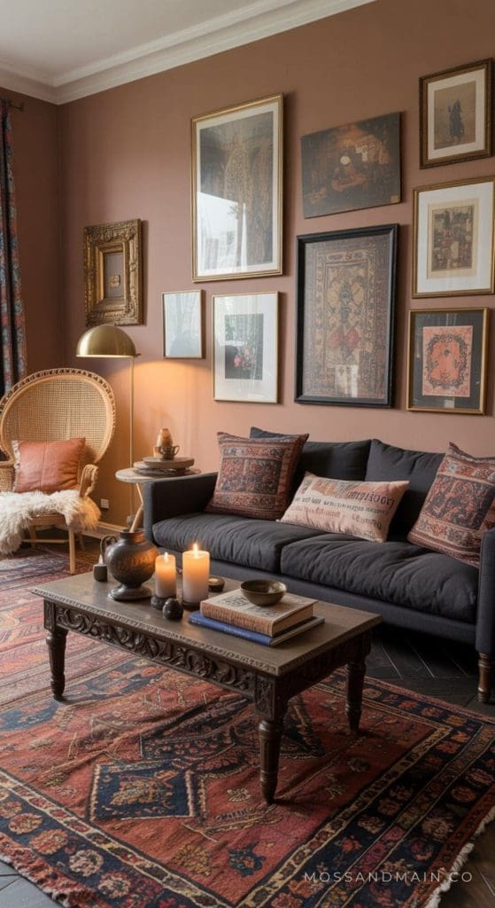 A cozy living room with a charcoal couch, patterned cushions, and an ornate wooden coffee table. Candles and decor sit on the table. Art fills the warm-toned wall, while a wicker chair and patterned rug inspire inviting living room ideas.