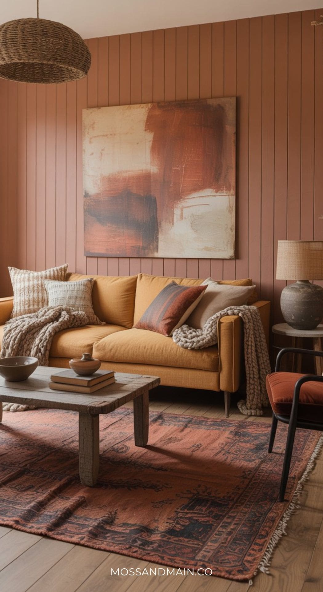 Cozy living room ideas shine here, with a sophisticated mustard sofa, patterned pillows, and knit throw. An earth-toned rug and abstract wall art complement the warm terracotta walls, while a wooden coffee table and woven pendant light complete the space.