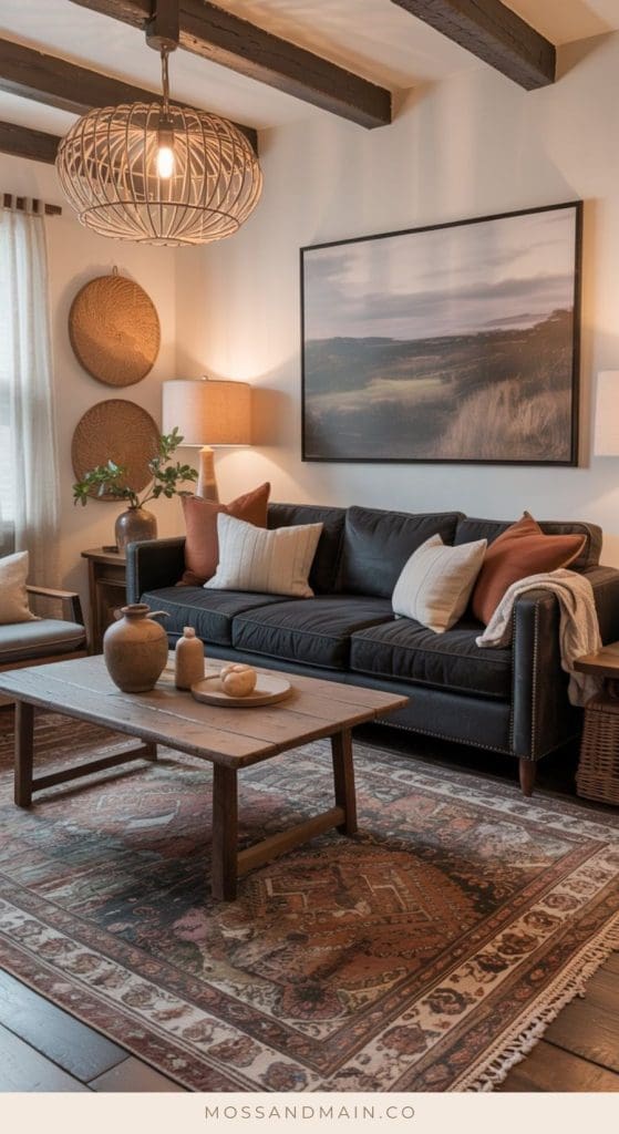 A cozy living room with a charcoal couch, earth-toned pillows, a wooden coffee table, woven wall decor, a large landscape photo, table lamps, and a patterned rug—perfect inspiration for living room ideas. Natural light streams through sheer curtains.