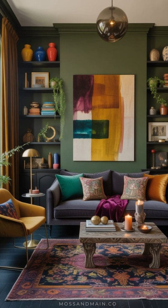 A stylish living room with dark green walls, colorful abstract art, a charcoal grey sofa with bright cushions, a patterned rug, plants, shelves with books and vases, a mustard chair, and lit candles on a wooden coffee table.