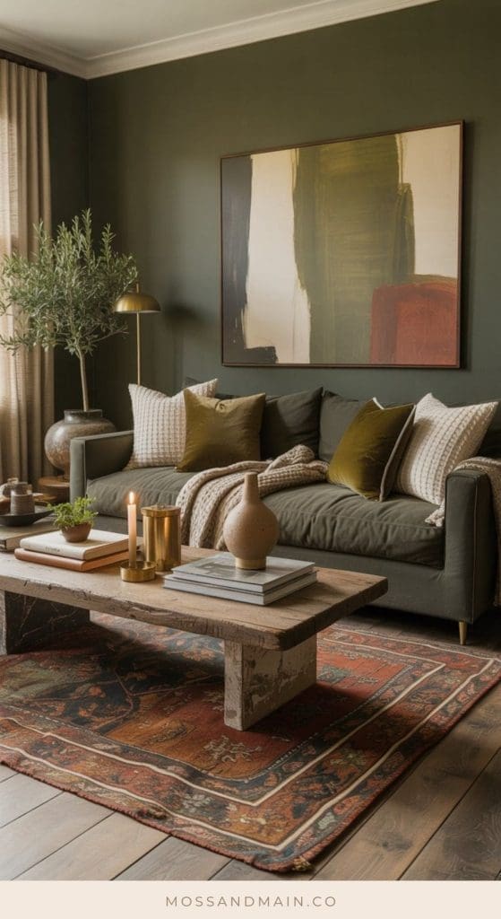 A cozy modern living room with dark green walls, a gray-green sofa with patterned pillows, a wooden coffee table featuring decor and candles, books, a red patterned rug, an abstract painting, and a potted plant for fresh living room ideas.