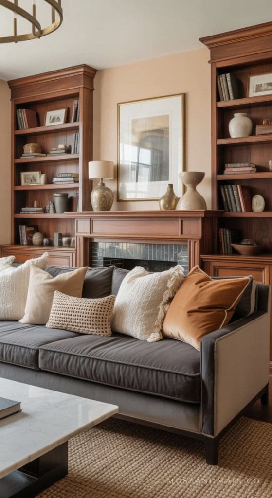 A cozy living room featuring a charcoal couch adorned with assorted neutral pillows, a marble coffee table, built-in wooden bookshelves, decorative vases, and framed art above the fireplace—perfect for inspiring new living room ideas.