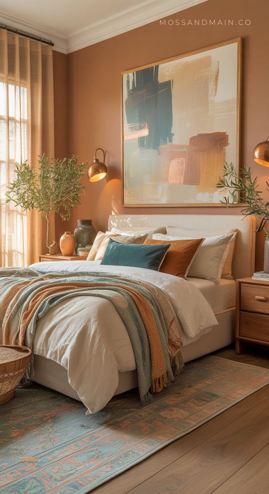 A cozy bedroom with a trending color scheme—warm brown walls, abstract art above the bed, layered blankets in earth tones, decorative pillows, wooden nightstand, modern lamps, an olive tree, and sunlight streaming through sheer curtains.