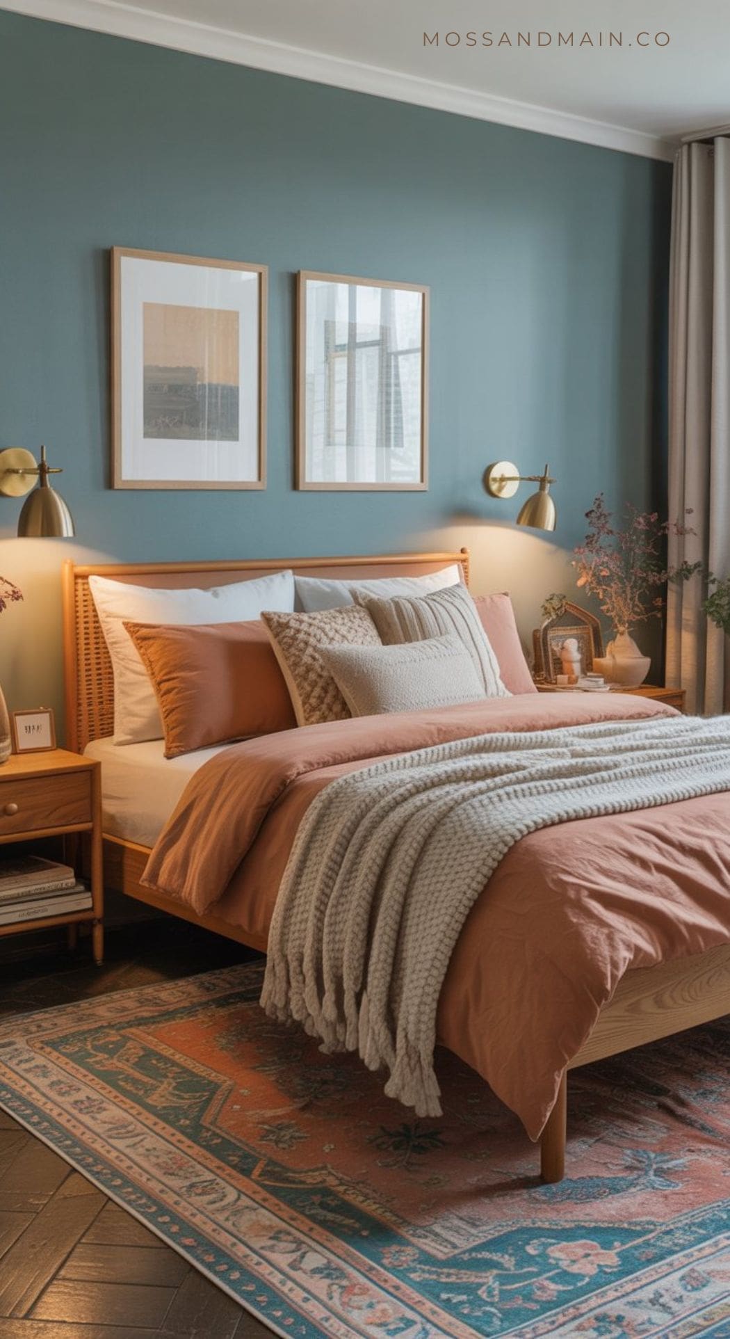 Cozy bedroom with a wooden bed, rust-colored bedding, textured pillows, and a chunky knit blanket. Two framed artworks hang on a blue wall above the bed, reflecting trending color scheme inspirations and cozy color scheme accents throughout.