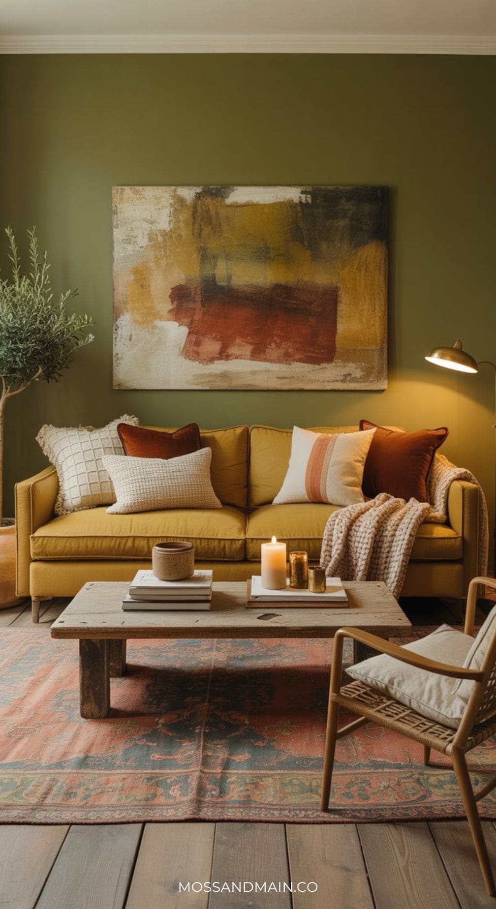 A cozy, sophisticated living room featuring a mustard sofa, earth-toned pillows, a knitted throw blanket, rustic wooden coffee table with candles, and abstract wall art on an olive green wall. A floor lamp and potted plant add warmth.