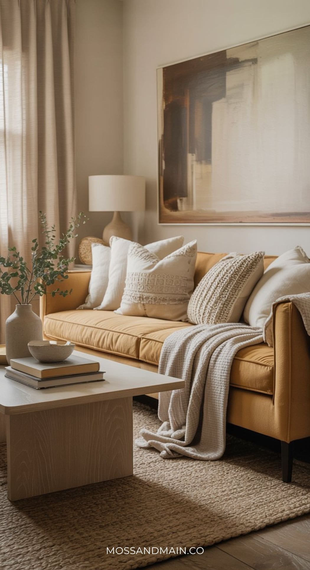 A sophisticated living room featuring a mustard sofa, white and beige pillows, a textured throw, light wood coffee table with books and vase, neutral rug, and large abstract art. Natural light softly filters through sheer curtains—perfect for fresh living room ideas.