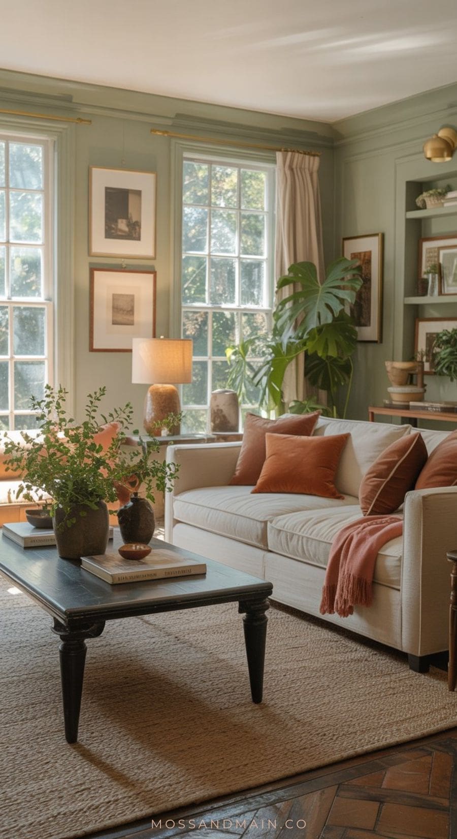 A cozy living room with a timeless, earthy palette features a cream sofa, rust and sage color scheme in pillows and throw, black coffee table with plants, large sunlit windows, framed artwork on green walls, and indoor plants.
