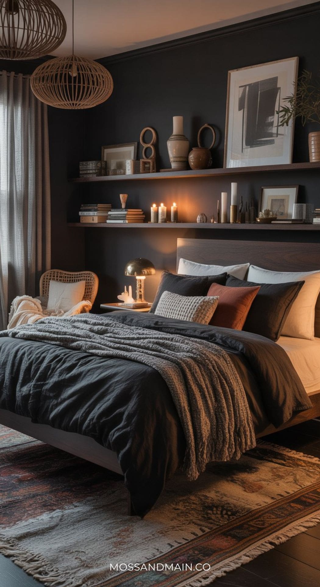 A cozy bedroom with dark walls, a neatly made bed with gray and beige bedding, textured blankets, and pillows. Warm lighting, candles, books, and framed art decorate a shelf above the bed; a rattan chair completes this moody bedroom.