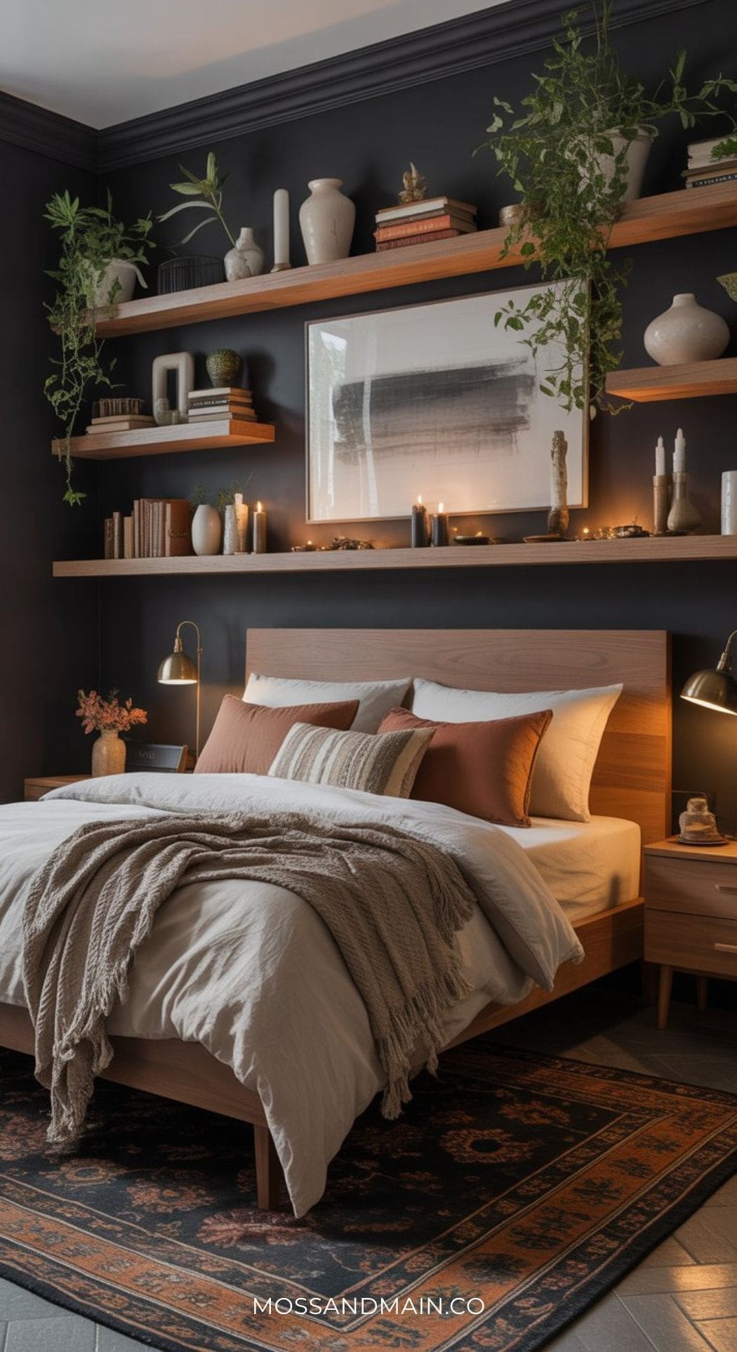 A cozy bedroom with a wooden bed, neutral bedding, rust-colored pillows, and a throw blanket. Dark walls and floating wood shelves create a black boho bedroom vibe with books, plants, vases, and candles for a warm, inviting atmosphere.