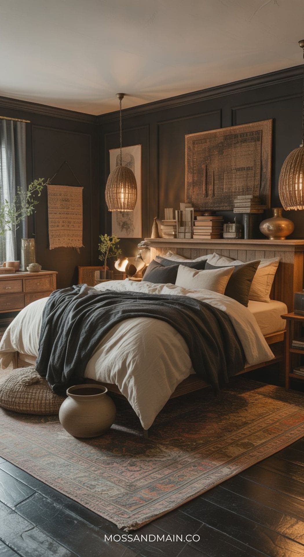 A moody bedroom with dark walls, a wooden bed with layered bedding, woven pendant lights, a colorful rug, and earthy decor like pottery and plants. Books and framed art add charm. Text at the bottom reads MOSSANDMAIN.CO.