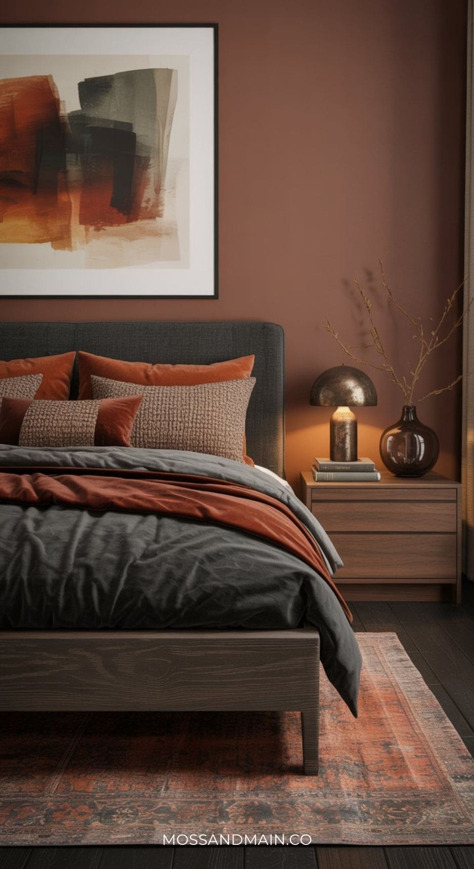 A modern bedroom with a dark wooden bed and stylish grey headboard ideas, gray and rust-colored bedding, abstract wall art, and a nightstand with a lamp, books, and a branch in a vase. Warm brown walls complement the orange rug.