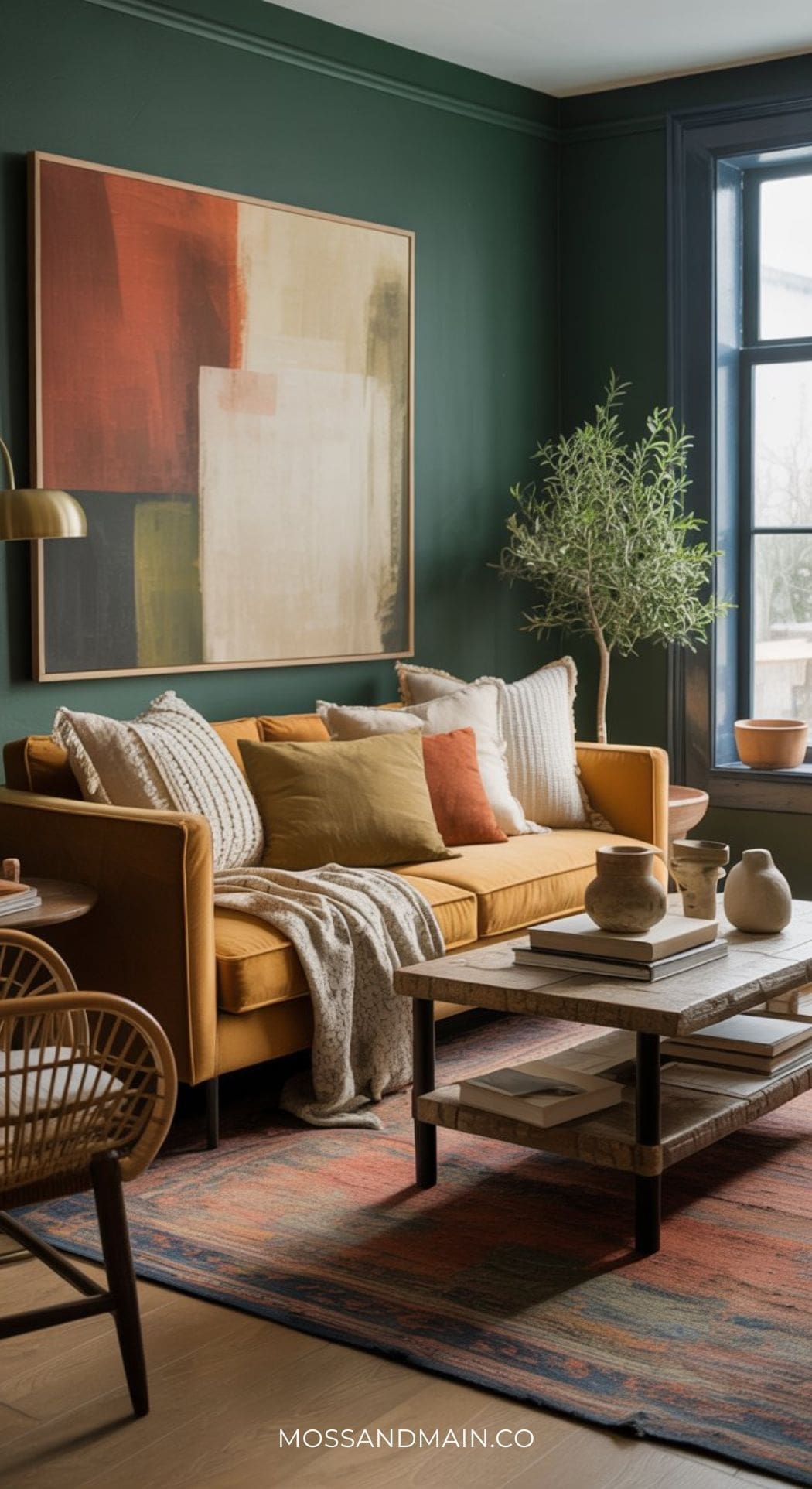 A cozy and sophisticated living room with a mustard sofa, abstract wall art, green walls, a large potted plant, and natural light. Rug and accent pillows add warmth—perfect for those seeking inspiring living room ideas.