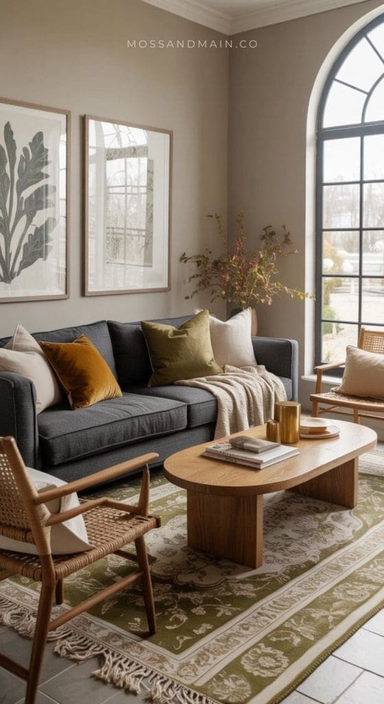 A cozy living room featuring a charcoal couch, assorted throw pillows, a wooden coffee table, woven chairs, a green patterned rug, large framed botanical prints, arched window panes, and a vase with autumn branches—perfect for inspiring living room ideas.