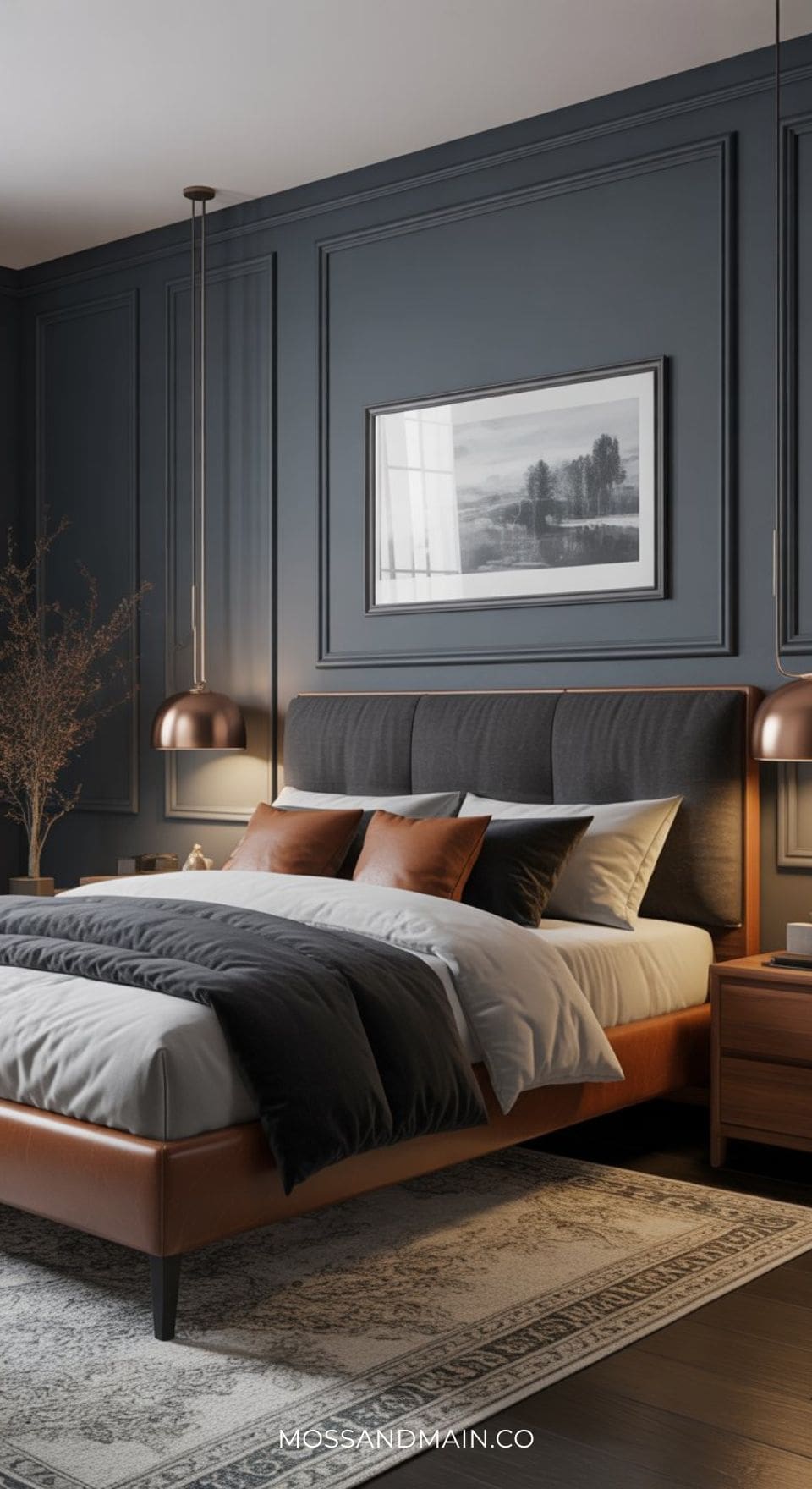 A modern bedroom with dark paneled walls, showcasing gray headboard bedroom ideas, features a leather-upholstered bed with gray and brown bedding, copper pendant lights, nightstands, a framed landscape photo, and a patterned rug on the floor.