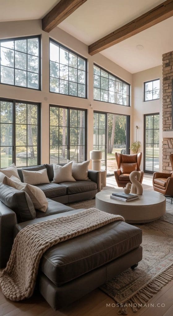 A bright, modern living room with large black-framed windows, a cozy charcoal couch, leather armchairs, a round coffee table, neutral decor, and views of trees outside. Warm, inviting, and stylish interior design—perfect for living room ideas.