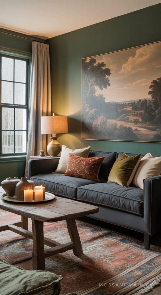 A cozy living room with a dark green wall, landscape art, a charcoal couch with assorted pillows, a wooden coffee table with lit candles, a patterned rug, and a window with light curtains—perfect for inspiring new living room ideas.