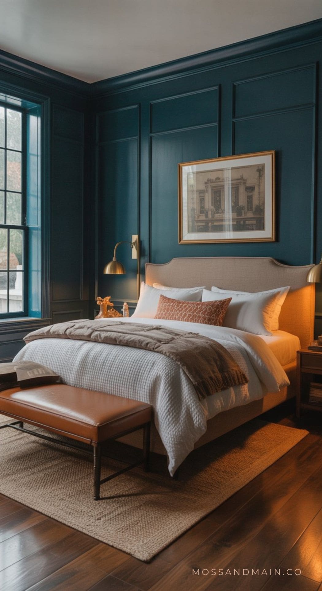 A cozy bedroom with a trending color scheme—dark blue paneled walls, a beige upholstered bed with white and tan bedding, leather bench, woven rug, brass wall lamps, window, and framed artwork above the bed.