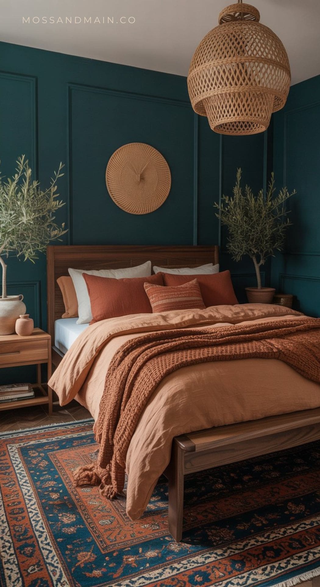 A cozy bedroom with a wooden bed, rust-colored bedding, green accent pillows, a woven pendant lamp, potted plants, and deep green paneled walls showcases a trending color scheme and natural decor elements for inviting teal bedroom ideas.