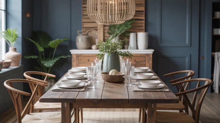 A wooden dining table set for eight with plates, bowls, and glasses sits in a modern dark blue dining room with wooden chairs, green plants, and a large woven pendant light overhead.