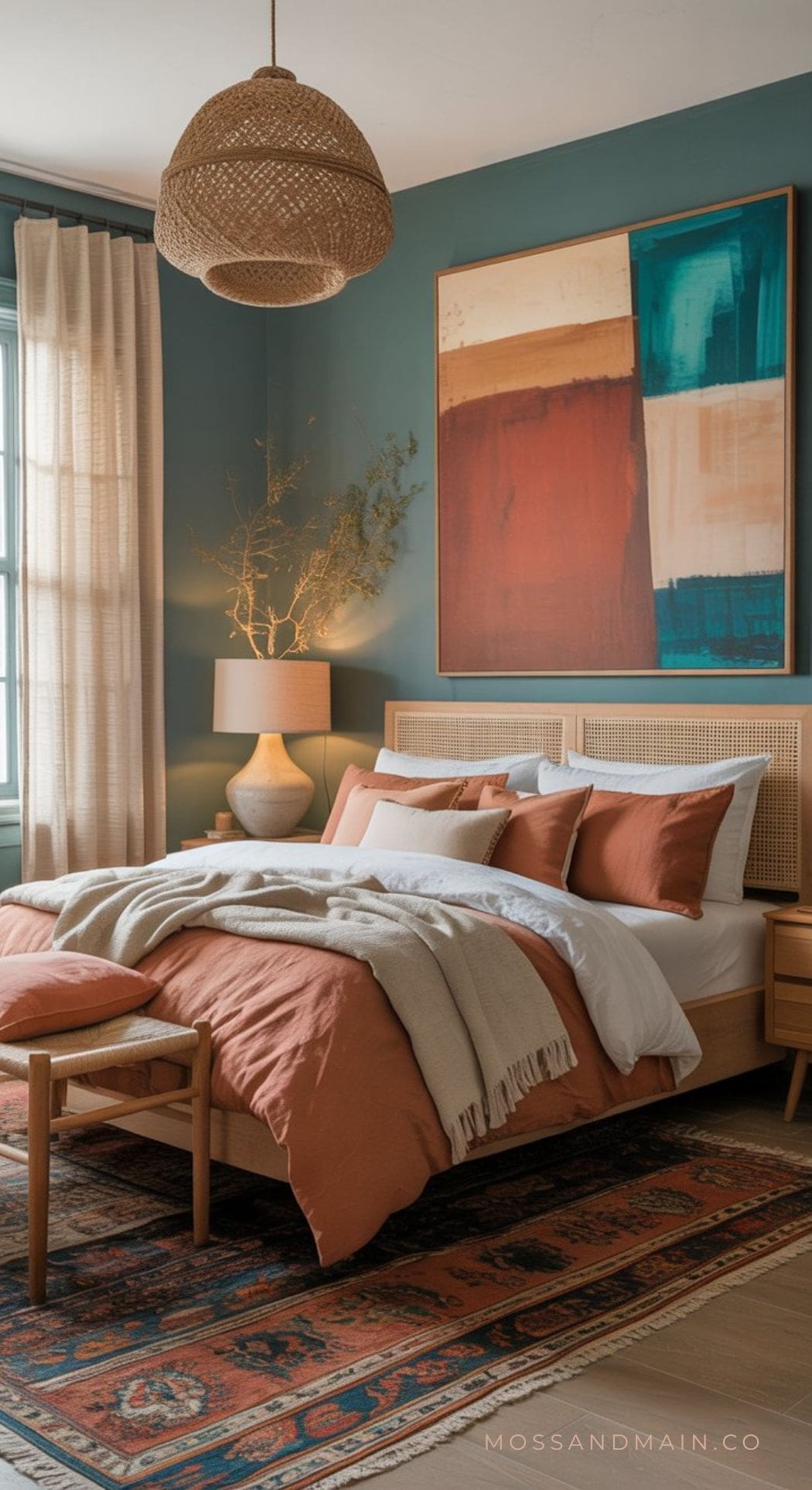 A cozy bedroom with a trending color scheme of teal walls, a large abstract painting above a wooden bed, rust-colored bedding, a cream throw blanket, a patterned rug, a wooden nightstand with lamp, and natural woven decor accents.