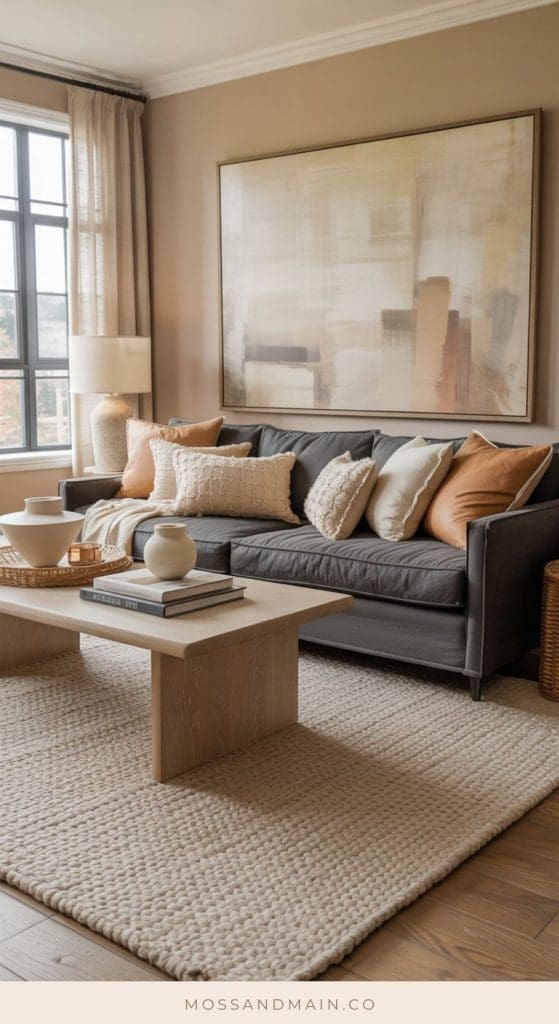 A modern, cozy living room with a charcoal couch, beige and tan accent pillows, a light wood coffee table, textured rug, large abstract wall art, and a window with sheer curtains letting in natural light—perfect for fresh living room ideas.