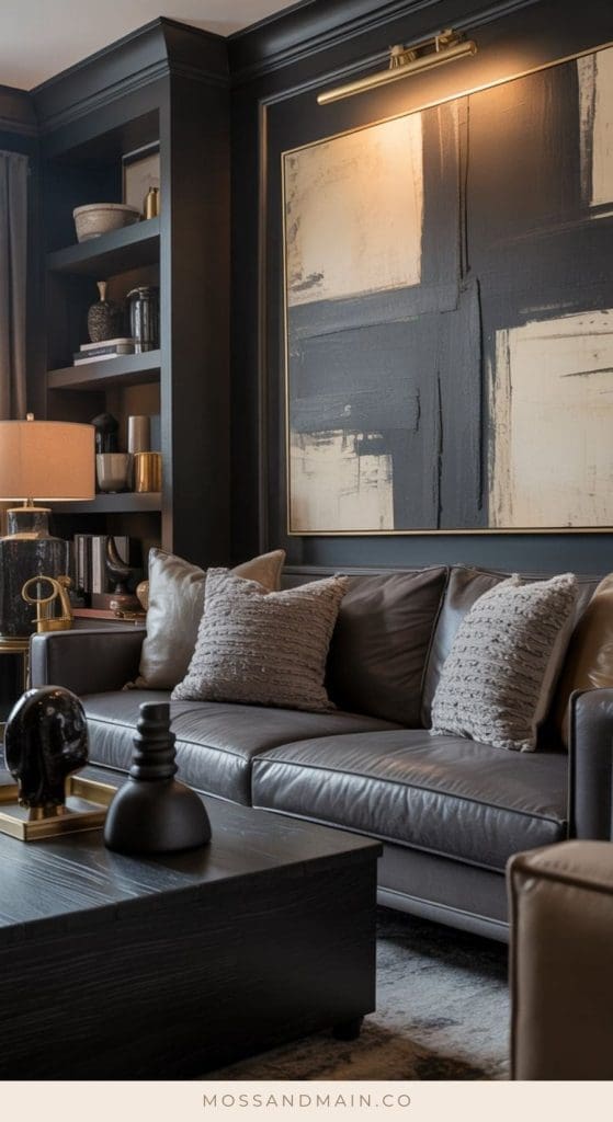 Modern living room with dark walls, a cozy gray leather sofa resembling a charcoal couch with textured pillows, large abstract black-and-white artwork, built-in shelves with decor, and a wooden coffee table. Find inspiration for your living room ideas here.