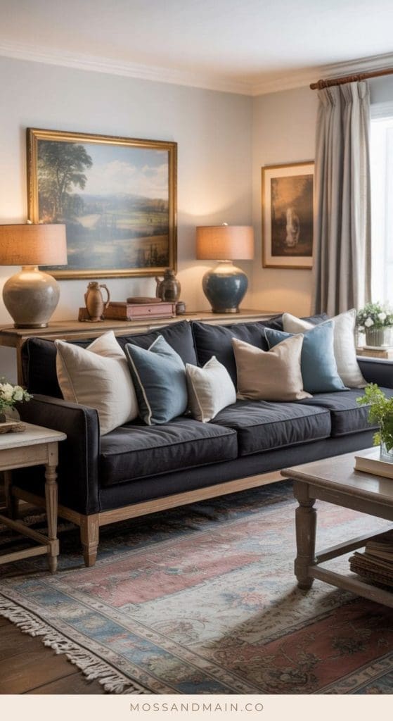 A cozy living room featuring a charcoal couch, multiple throw pillows, a wooden coffee table, large table lamps, framed wall art, and a patterned rug—all styled in soft, neutral tones for inviting living room ideas.