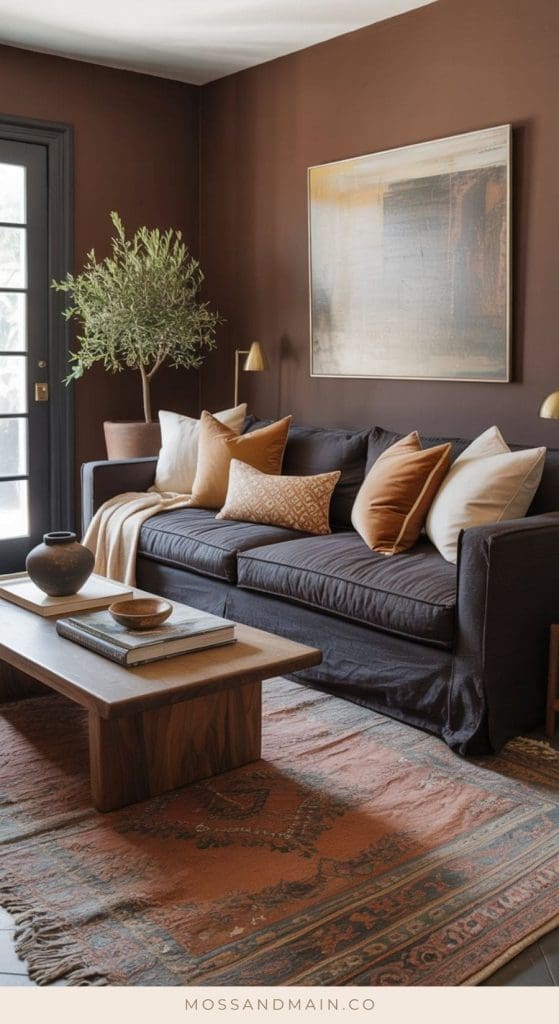 A cozy living room with dark brown walls, a charcoal couch adorned with assorted neutral pillows, a wooden coffee table, an olive tree in the corner, a patterned rug, and a large framed artwork on the wall—perfect for stylish living room ideas.