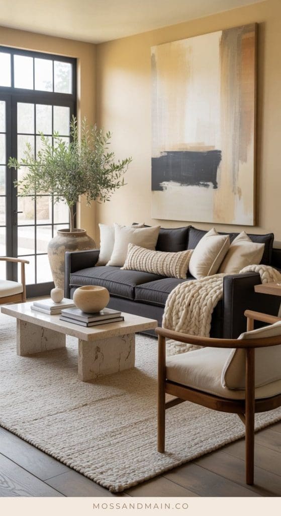 A cozy, modern living room featuring a charcoal couch, cream pillows, a stone coffee table, a large potted plant, abstract wall art, wooden chairs with cushions, and a textured rug—all in soothing neutral tones.