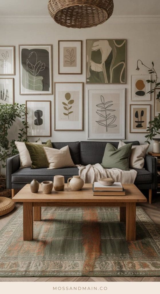 A modern and cozy living room featuring a charcoal couch, green and beige pillows, a wooden coffee table with ceramics, lush plants, and a gallery wall of abstract botanical art prints. A woven pendant light completes these stylish living room ideas.