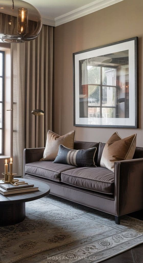 A cozy living room featuring a brown sofa, neutral pillows, a round coffee table with candles, a large framed photo on a beige wall, and floor-length curtains beside a tall window—perfect for gathering stylish living room ideas.