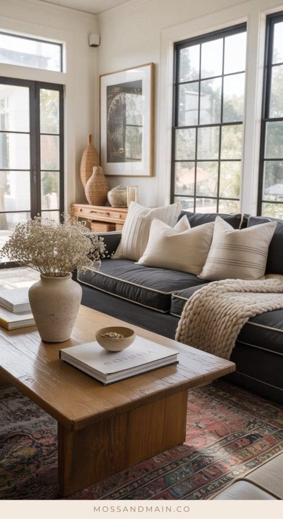 A cozy living room with a charcoal couch, cream pillows, chunky knit throw, wooden coffee table with books and dried flowers, woven baskets, framed art, and large windows flooding the space with natural light—perfect for living room ideas.
