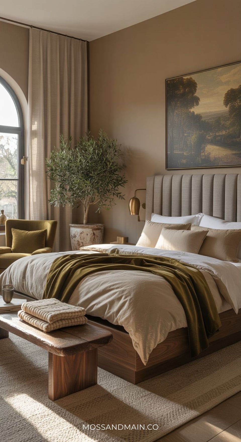A cozy bedroom with a modern wooden bed, beige bedding, green throw blanket, and a gray headboard—perfect inspiration for those seeking stylish grey headboard bedroom ideas. A potted plant, wooden bench, large window, and landscape art complete the look.