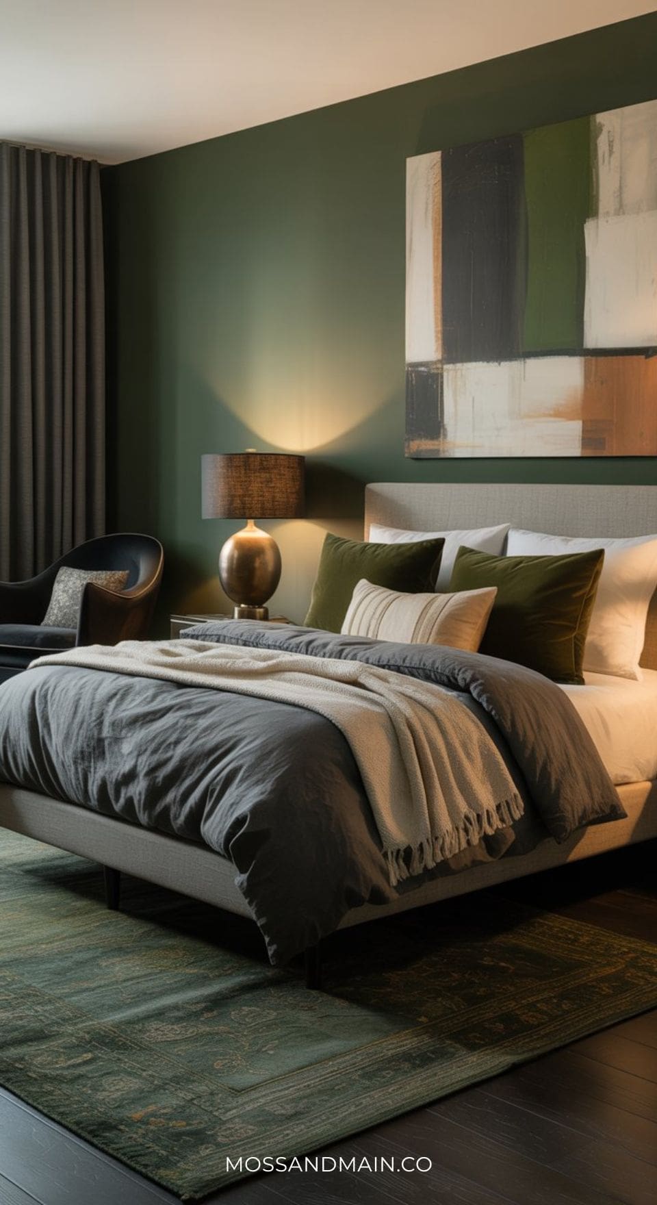A modern bedroom with a green accent wall, abstract painting, and a stylish grey headboard—perfect for those seeking fresh bedroom ideas. Cozy bedding, dark drapes, a chair, and table lamp complete the look. Text at the bottom reads MOSSANDMAIN.CO.