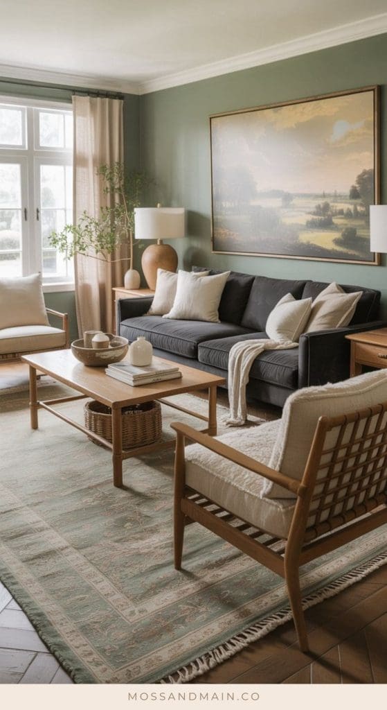 A cozy living room with a charcoal couch, wooden coffee table, and armchair on a patterned rug. Large landscape art hangs on a green wall, while lamps, plants, and natural light from a window enhance this inviting space—perfect for living room ideas.