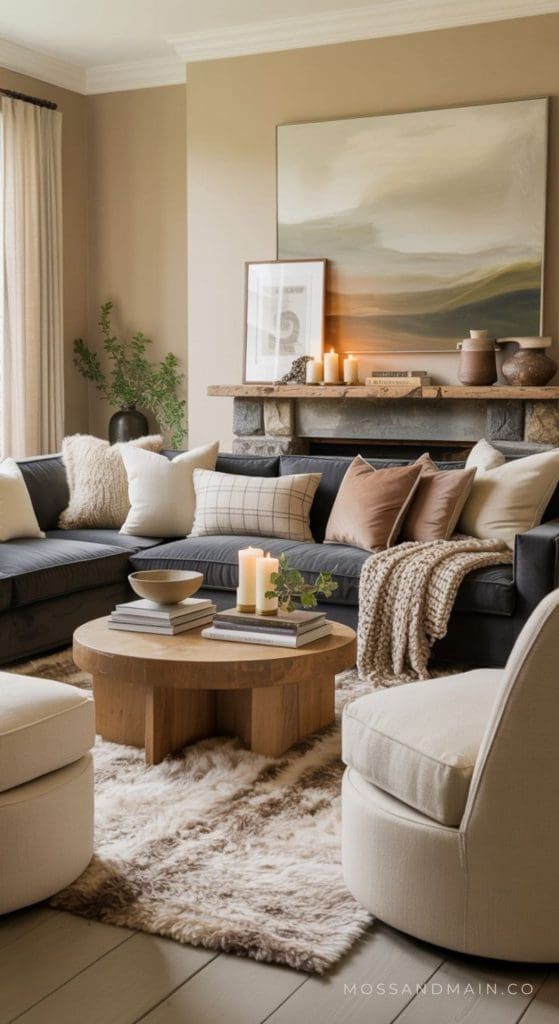 A cozy living room featuring a charcoal couch, neutral pillows, soft throws, a round wooden coffee table with candles, and modern decor on the mantel under abstract wall art—a perfect spot for inspiring living room ideas. A plush rug covers the floor.