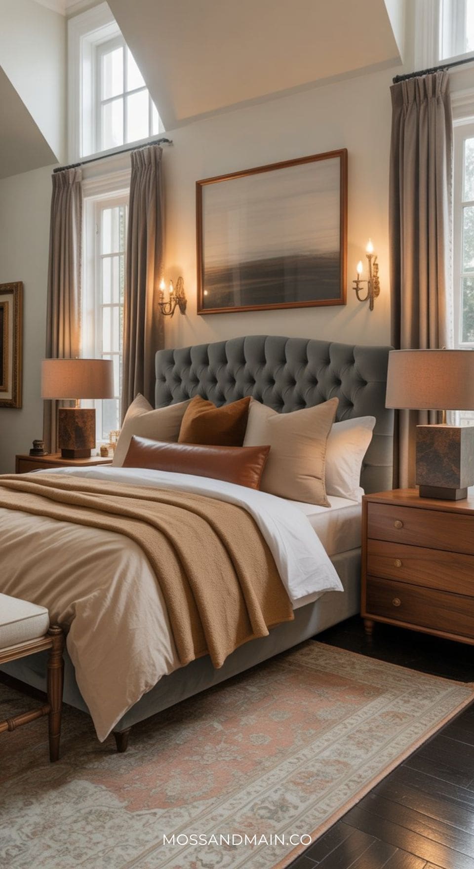 A cozy, elegant bedroom showcases a tufted gray headboard—perfect for those seeking gray headboard bedroom ideas—neutral bedding with brown and tan accents, wooden nightstands with lamps, large windows with curtains, and a framed picture above the bed.