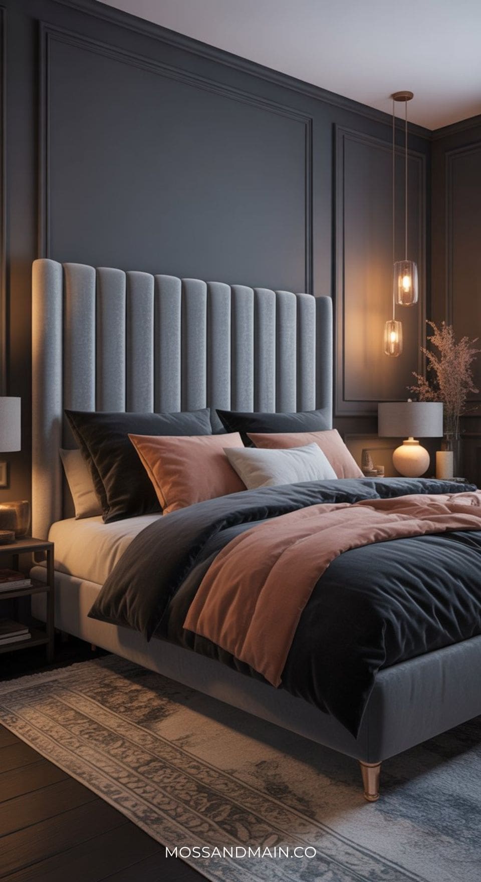 A modern gray headboard bedroom idea features an upholstered tall headboard, dark walls, pendant lights, and black, gray, and rust bedding. A rug and nightstands with lamps and flowers complete the cozy, elegant decor.