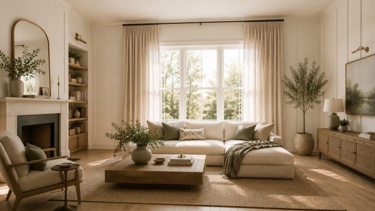 Bright, airy living room with large windows, cream-colored sofa, wooden coffee table, and fireplace. Tall potted plants and vertical decor offer ideas on how to make a ceiling look higher, while sunlight creates an inviting atmosphere.