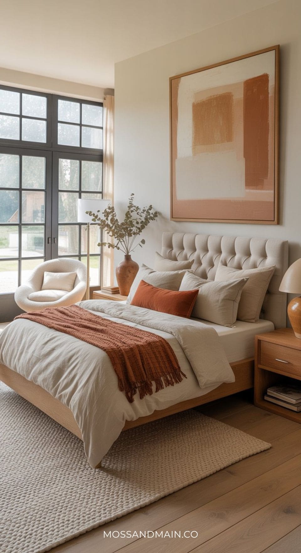 A cozy bedroom with a tufted gray headboard bed, rust-colored accents, a large abstract painting, wooden nightstand, ceramic vases with dried branches, and large windows letting in natural light—perfect for grey headboard bedroom ideas. MOSSANDMAIN.CO on the rug.
