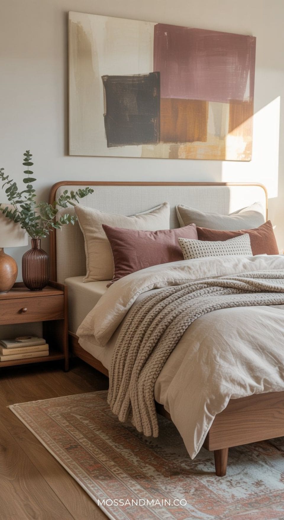 A cozy grey headboard bedroom with a wooden bed, neutral bedding, rust-colored pillows, a chunky knit blanket, a nightstand with a vase of greenery, and abstract artwork on the wall above the bed.