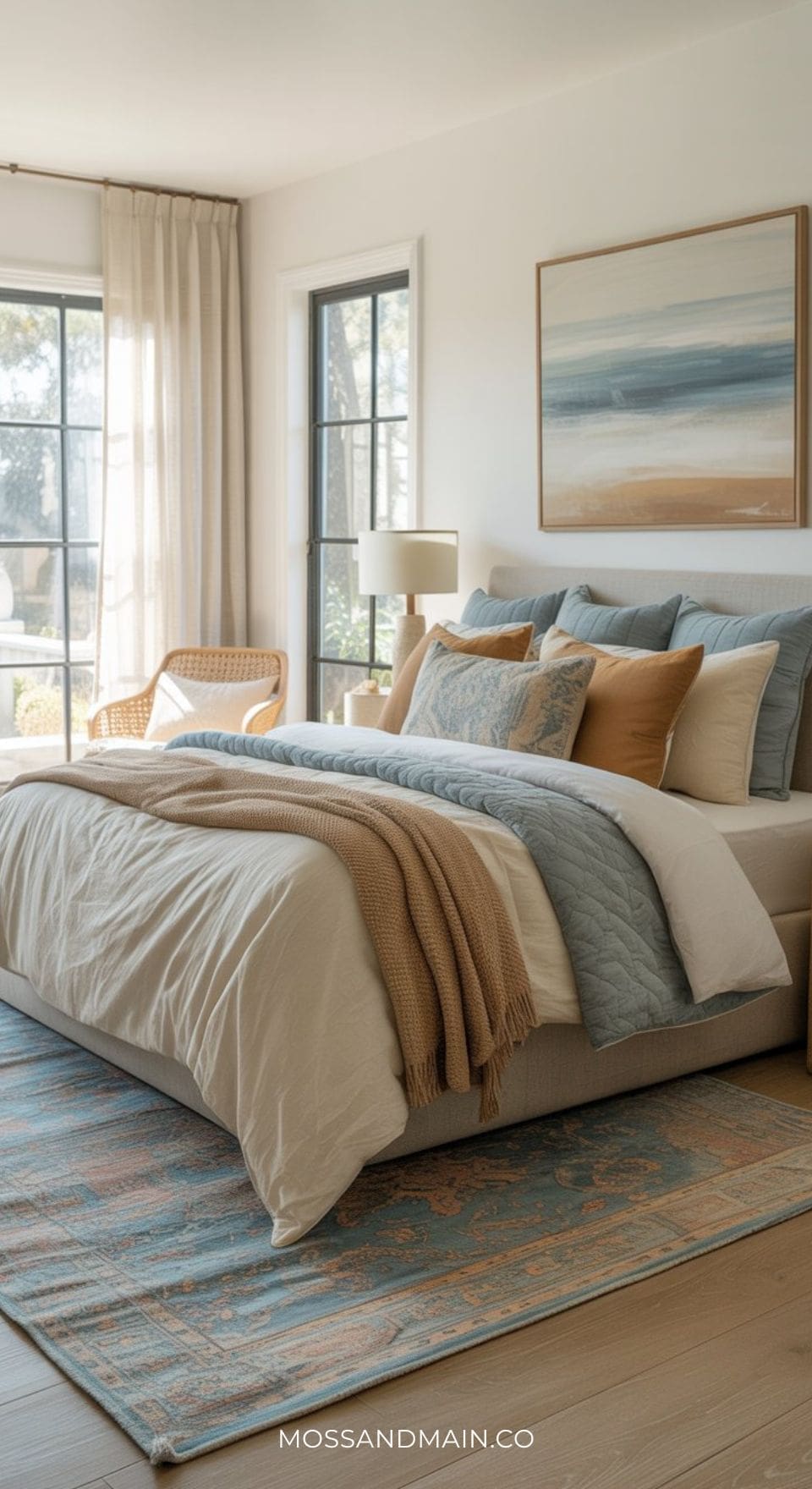 A modern grey bedroom with a neatly made bed featuring a stylish grey headboard, blue, white, and tan bedding, a patterned rug, wicker chair by the window, and a landscape painting above the bed. Sunlight streams through sheer curtains.