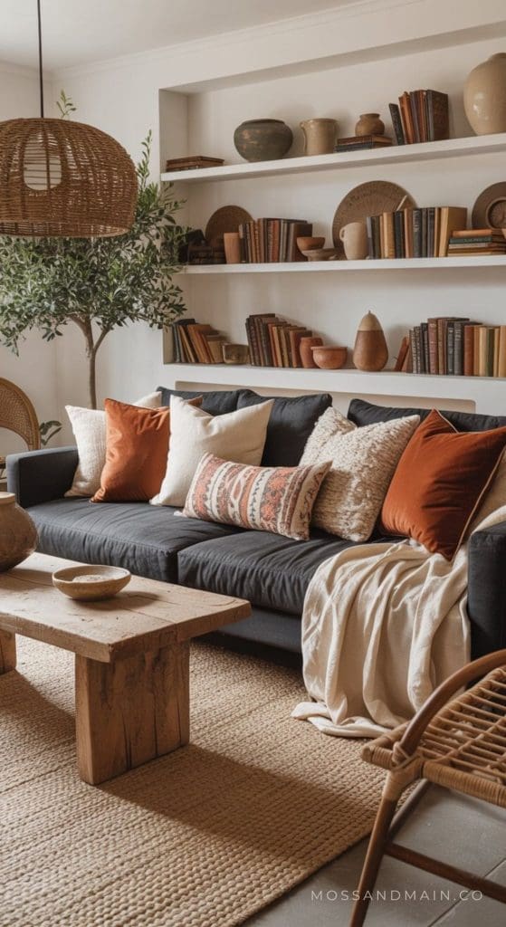A cozy living room featuring a charcoal couch, rust and cream pillows, a woven rug, wooden coffee table, rattan chair, and shelves filled with books and pottery. An indoor plant adds greenery to this warm, earthy space—perfect for gathering living room ideas.