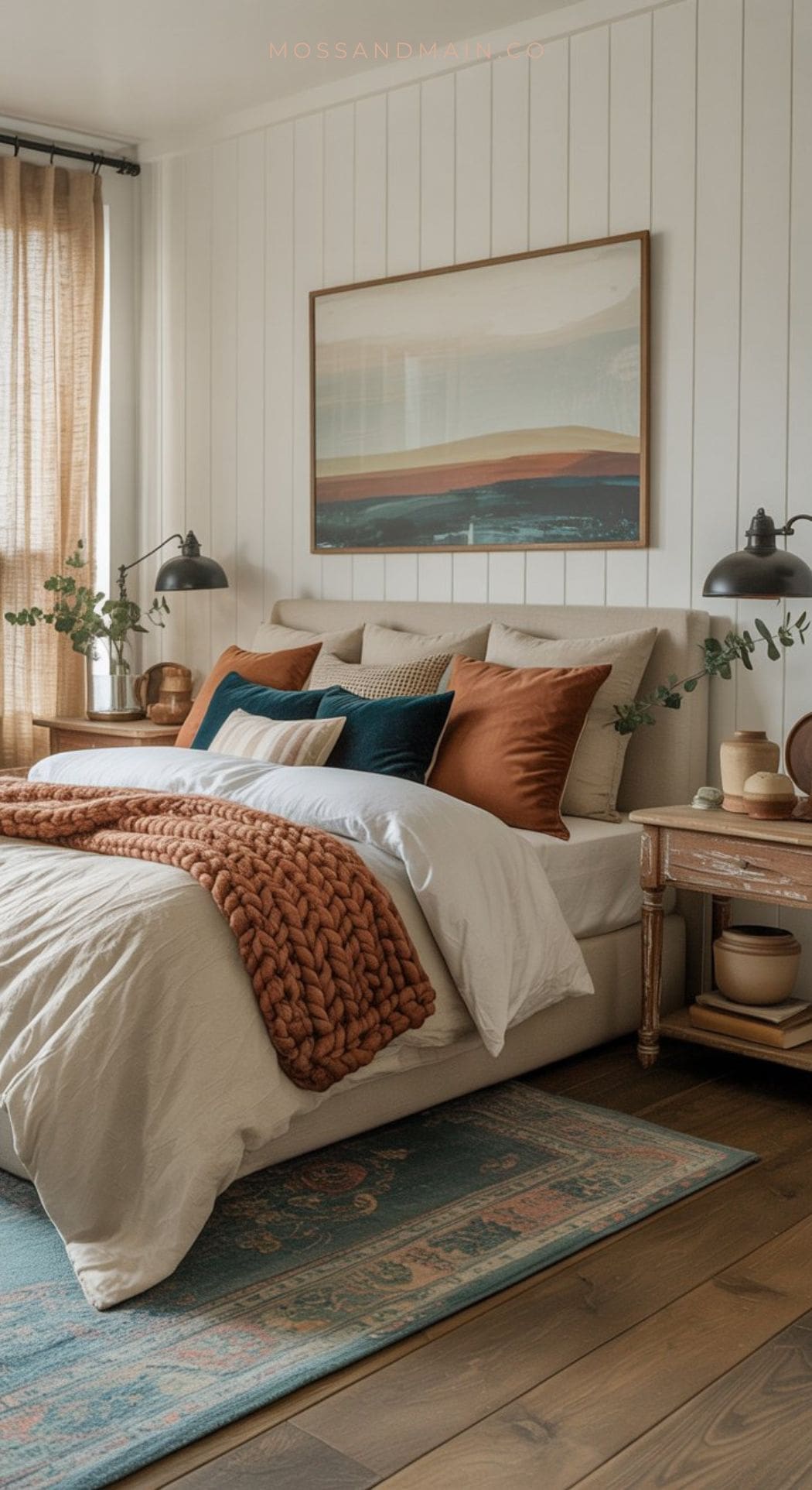 A cozy bedroom with a trending color scheme features a beige upholstered bed, rust and teal pillows, a chunky rust knit blanket, two wooden nightstands with lamps, plants, a landscape painting above the bed, and a patterned rug on wood floors.