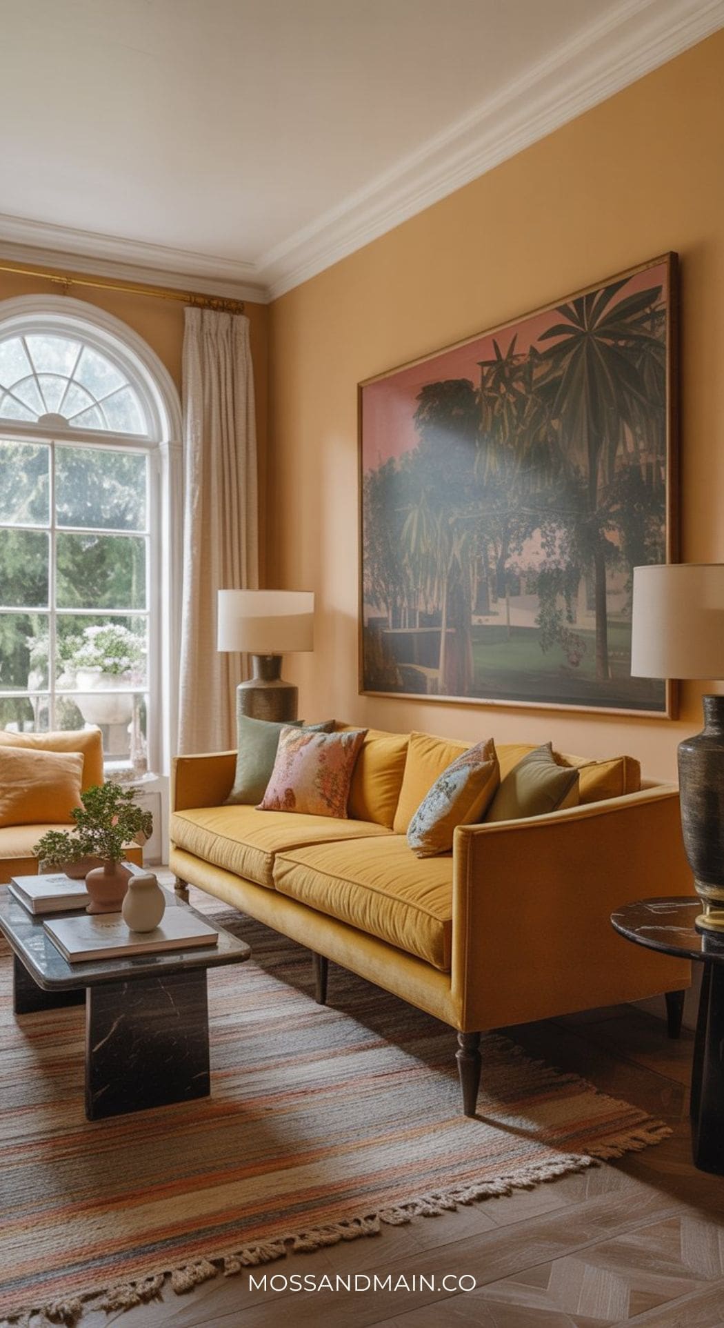 A cozy living room featuring a mustard couch with decorative pillows, two modern table lamps, a black coffee table, and large framed artwork. Sunlight streams in through a tall arched window with white curtains—perfect for mustard sofa living room ideas.
