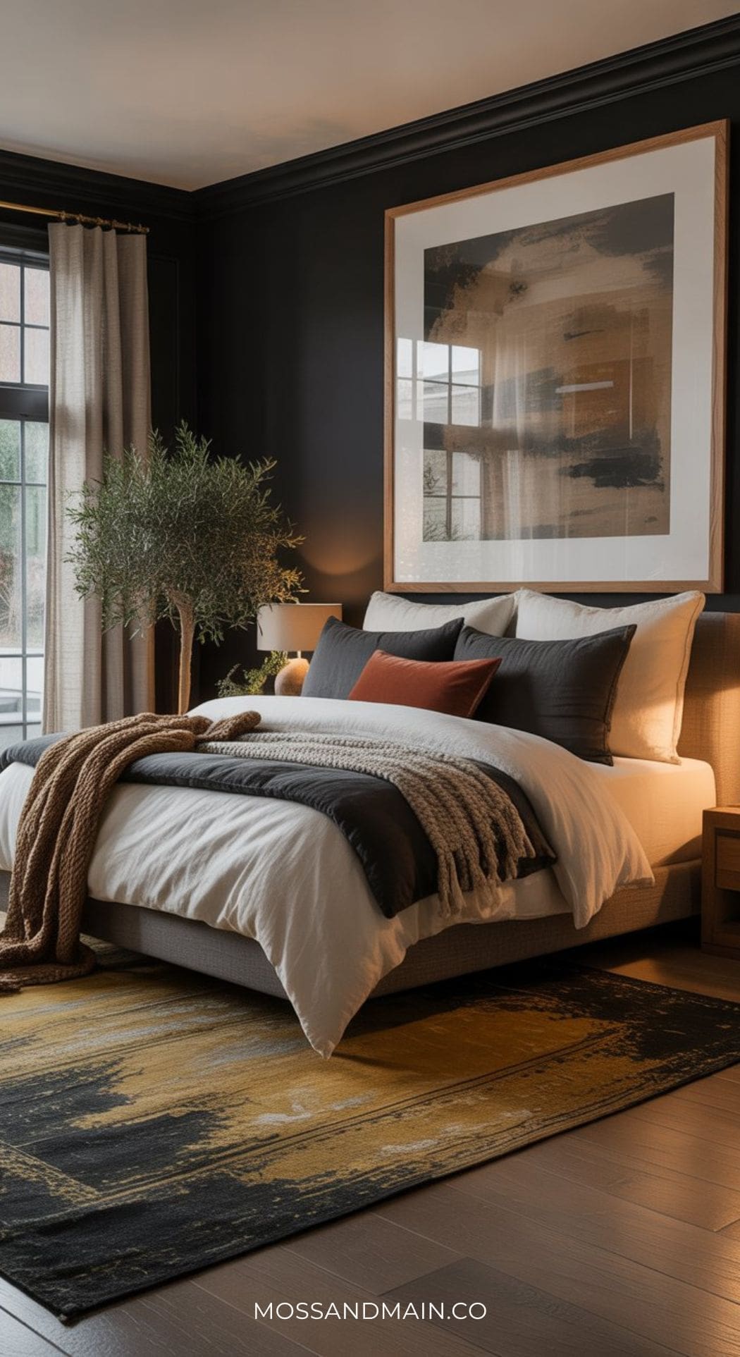 A moody bedroom with dark walls, a large abstract painting above the bed, layered bedding in neutral tones, a cozy throw, a potted plant, and a yellow-black patterned rug. This black boho bedroom exudes a soft, warm ambiance.