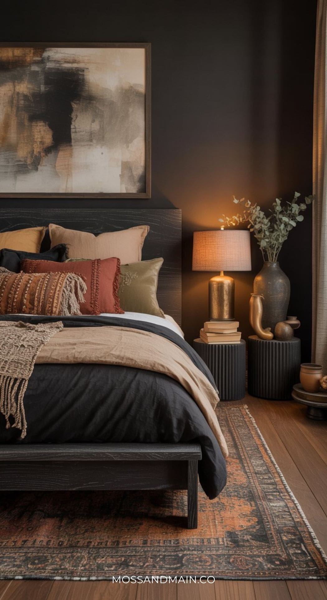 A cozy, moody bedroom with a dark accent wall, modern abstract art, earth-toned bedding, two round nightstands, a lamp, decorative vases, and a patterned area rug—perfect for those seeking a stylish bedroom retreat.