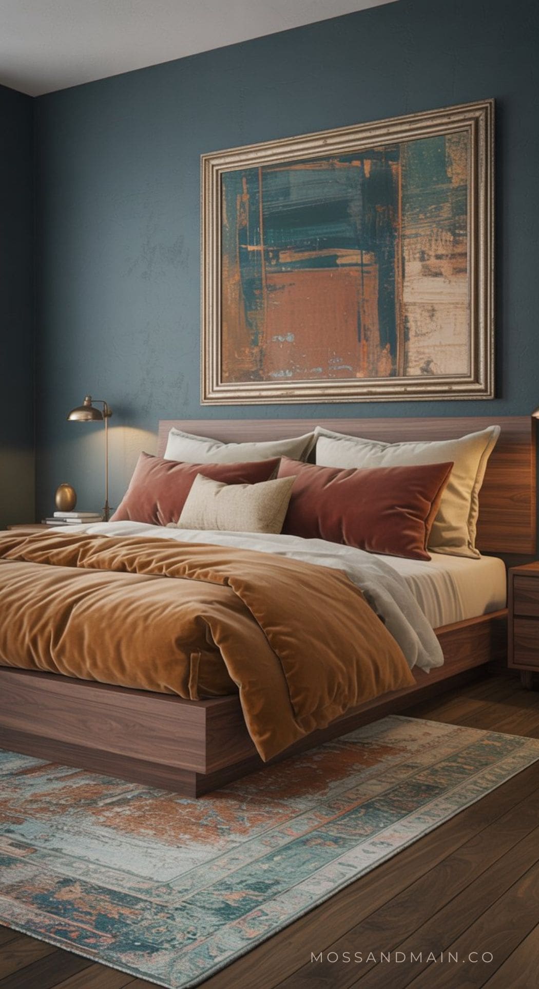 A modern bedroom with a wooden bed, rust-colored bedding, and pillows showcases a cozy color scheme. A blue accent wall and large abstract artwork above the headboard reflect trending color scheme inspirations.